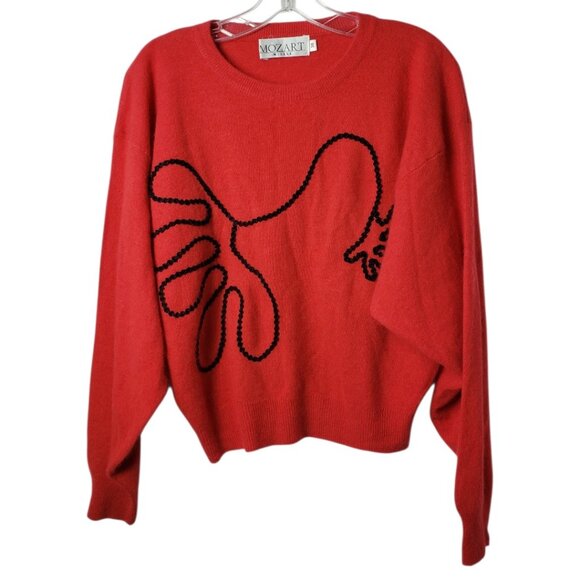 Mozart Milano Vtg Sweater Red With Black Embroidered Abstract Design Womens  38 - Picture 7 of 10